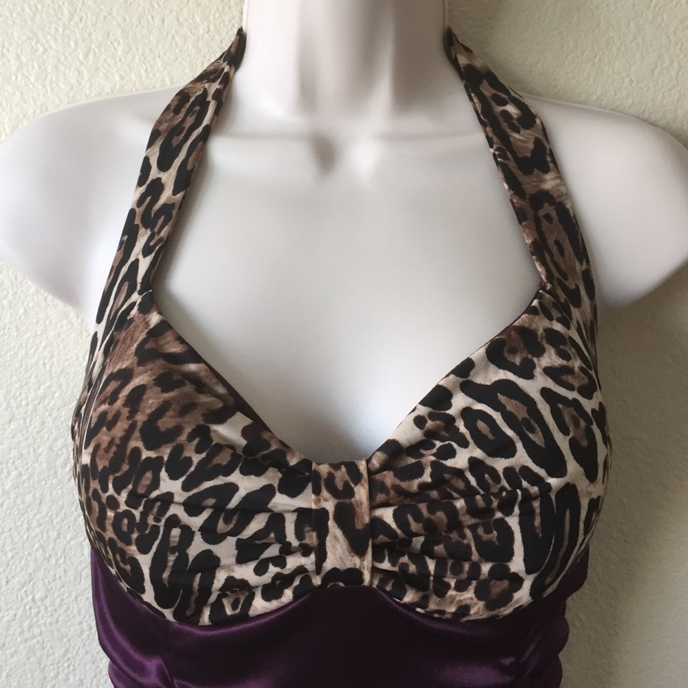 Burgundy Leopard Print Ruched Halter Dress - Picture 3 of 5